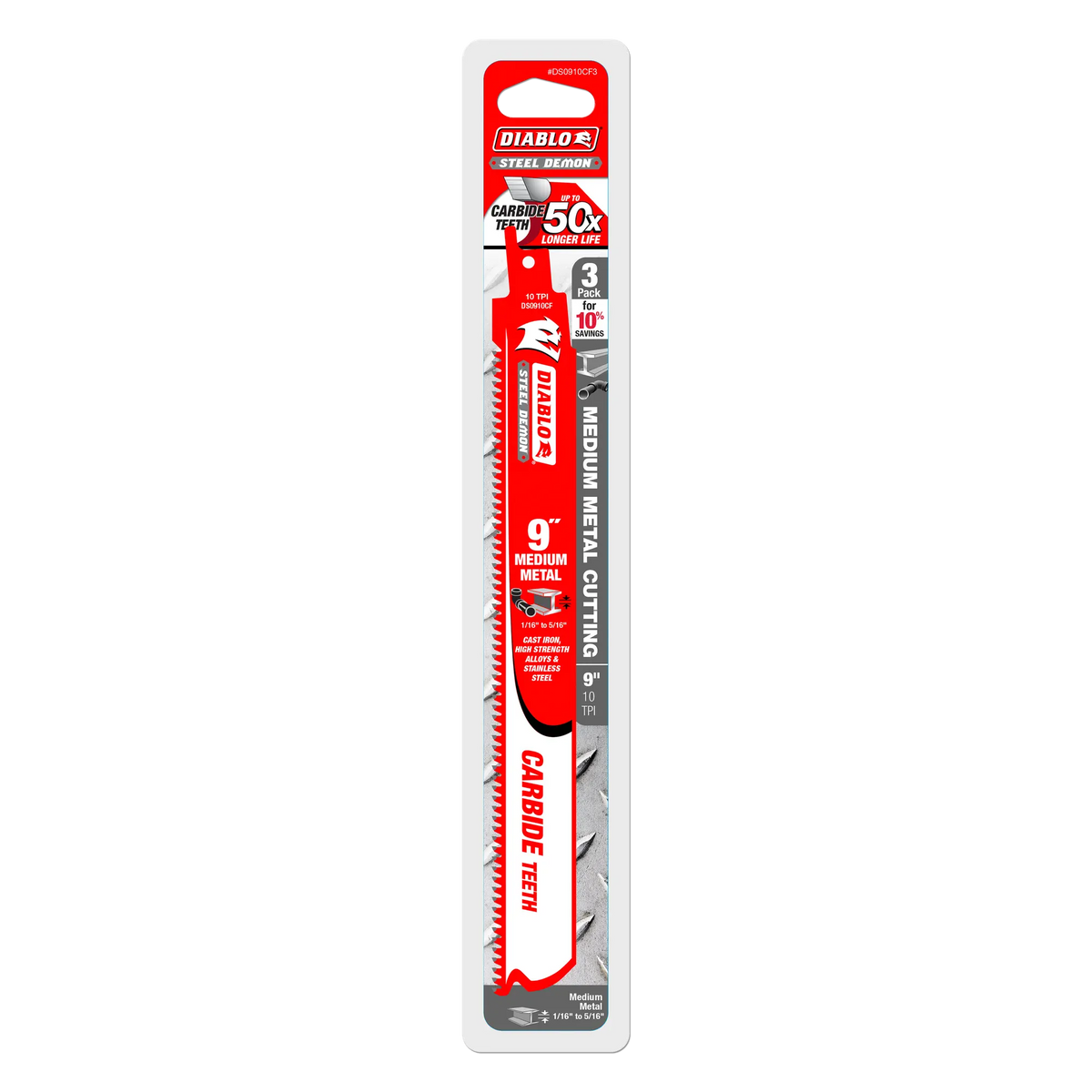 Packaged Diablo Steel Demon 9" reciprocating saw blade with carbide teeth, labeled for medium metal cutting up to 3/16" thick and 10 TPI.