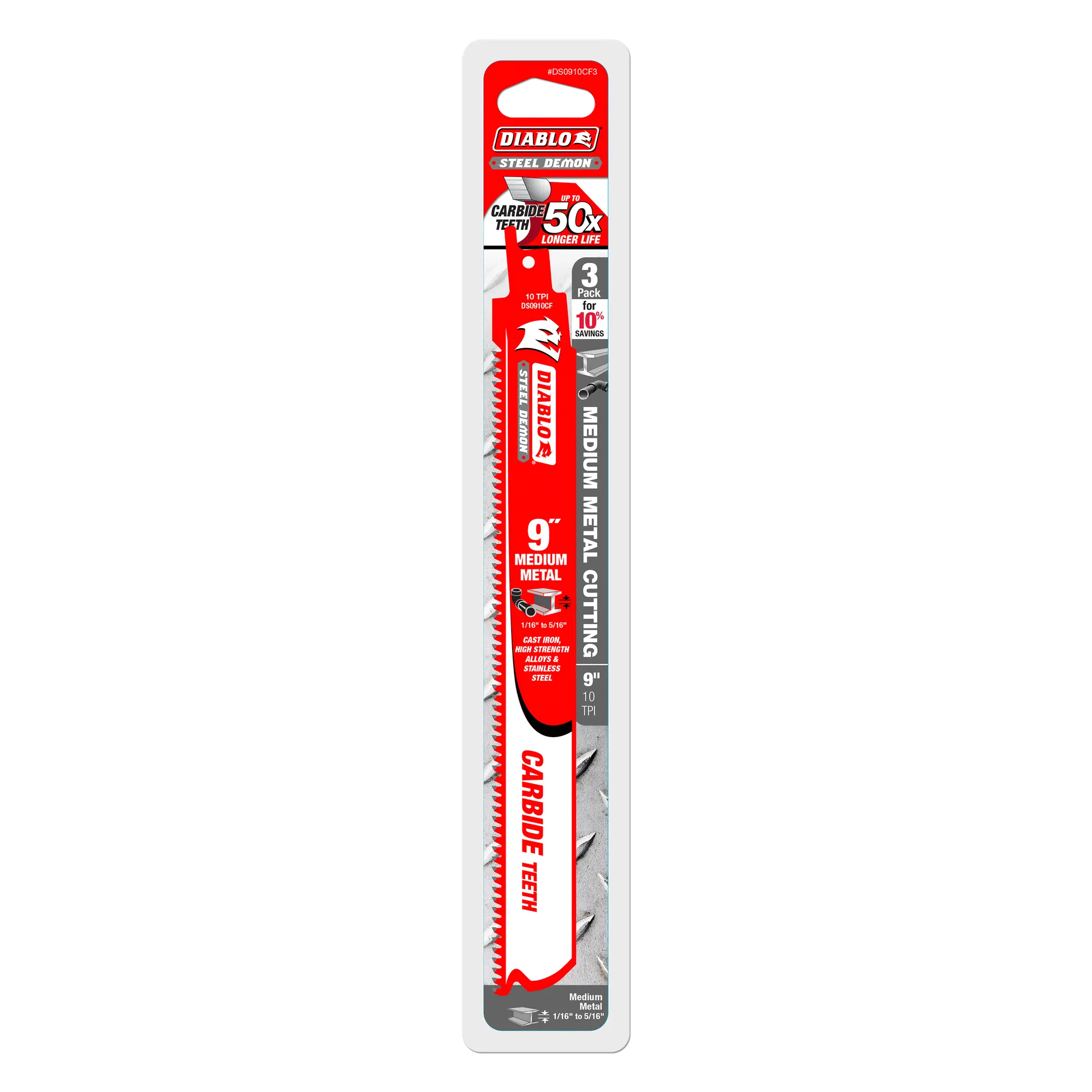 Packaged Diablo Steel Demon 9" reciprocating saw blade with carbide teeth, labeled for medium metal cutting up to 3/16" thick and 10 TPI.