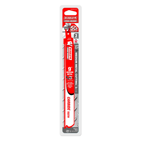 Packaged Diablo Steel Demon 9" reciprocating saw blade with carbide teeth, labeled for medium metal cutting up to 3/16" thick and 10 TPI.