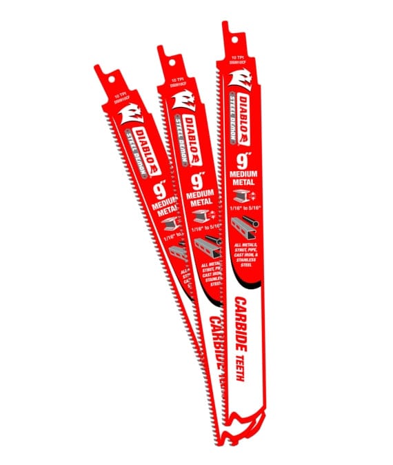 Three Diablo Steel Demon 9" reciprocating saw blades with carbide teeth, labeled for cutting stainless steel, cast iron, and high-strength alloys from 1/16" to 5/16".