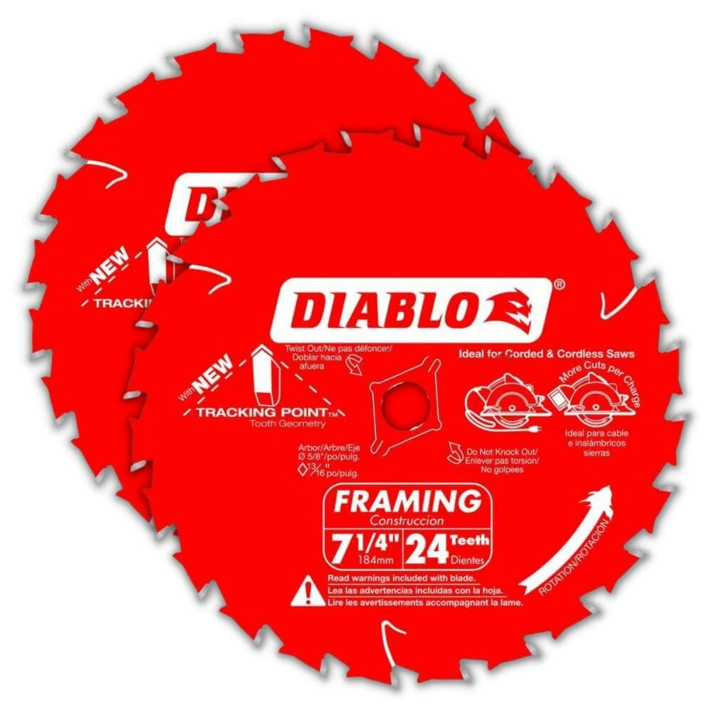Two overlapping Diablo 7-1/4" circular saw blades with 24 teeth, labeled for framing and cordless saws, featuring tracking point tooth geometry.