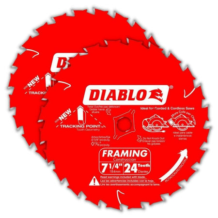 Two overlapping Diablo 7-1/4" circular saw blades with 24 teeth, labeled for framing and cordless saws, featuring tracking point tooth geometry.