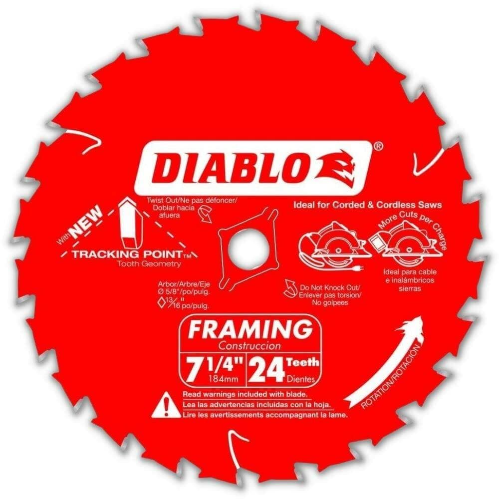 Close-up of Diablo 7-1/4" circular saw blade with 24 teeth, labeled for framing, featuring Perma-SHIELD coating and anti-vibration design.