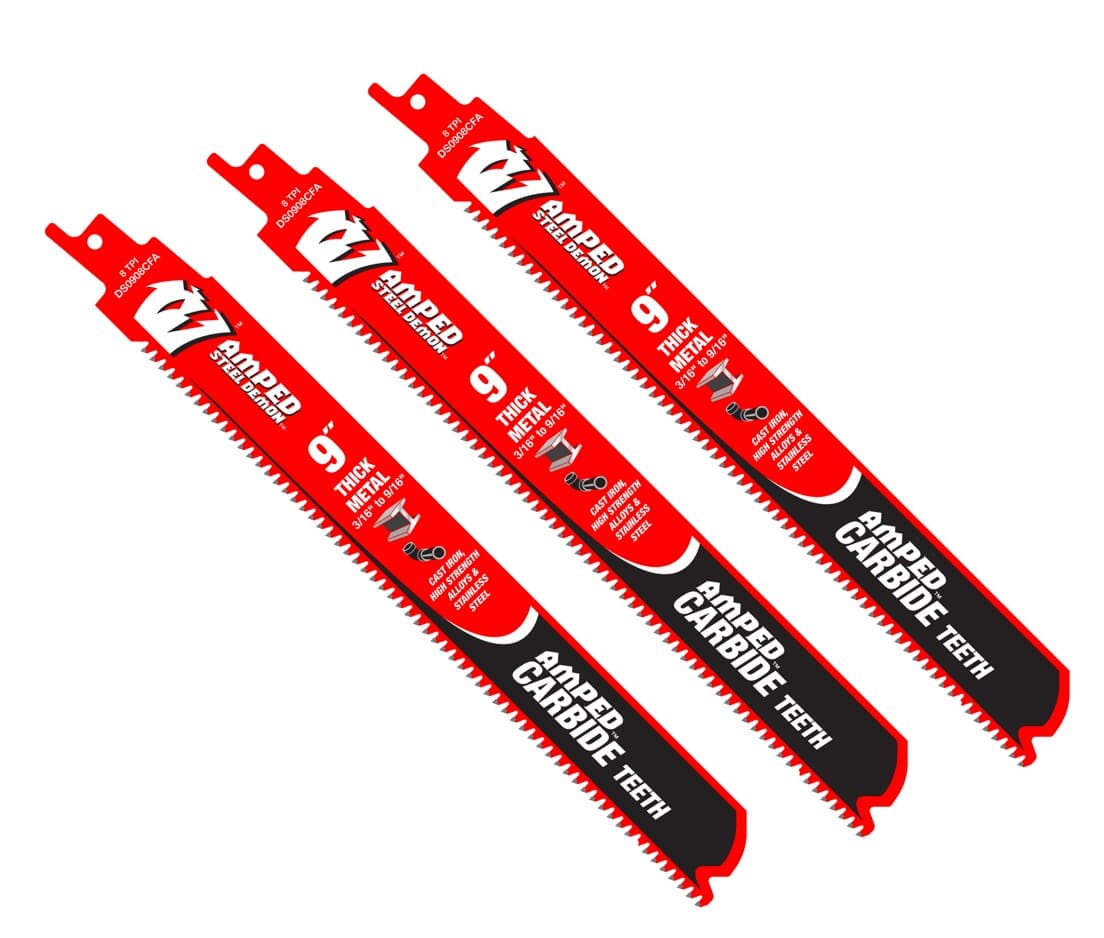 Studio view of three red Diablo 9 inch Amped Steel Demon reciprocating saw blades fanned out showing the carbide teeth and thick metal cutting specifications.