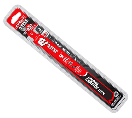 Front view of the retail blister packaging containing three 9 inch Amped Steel Demon blades with text highlighting 100x longer life and carbide teeth.