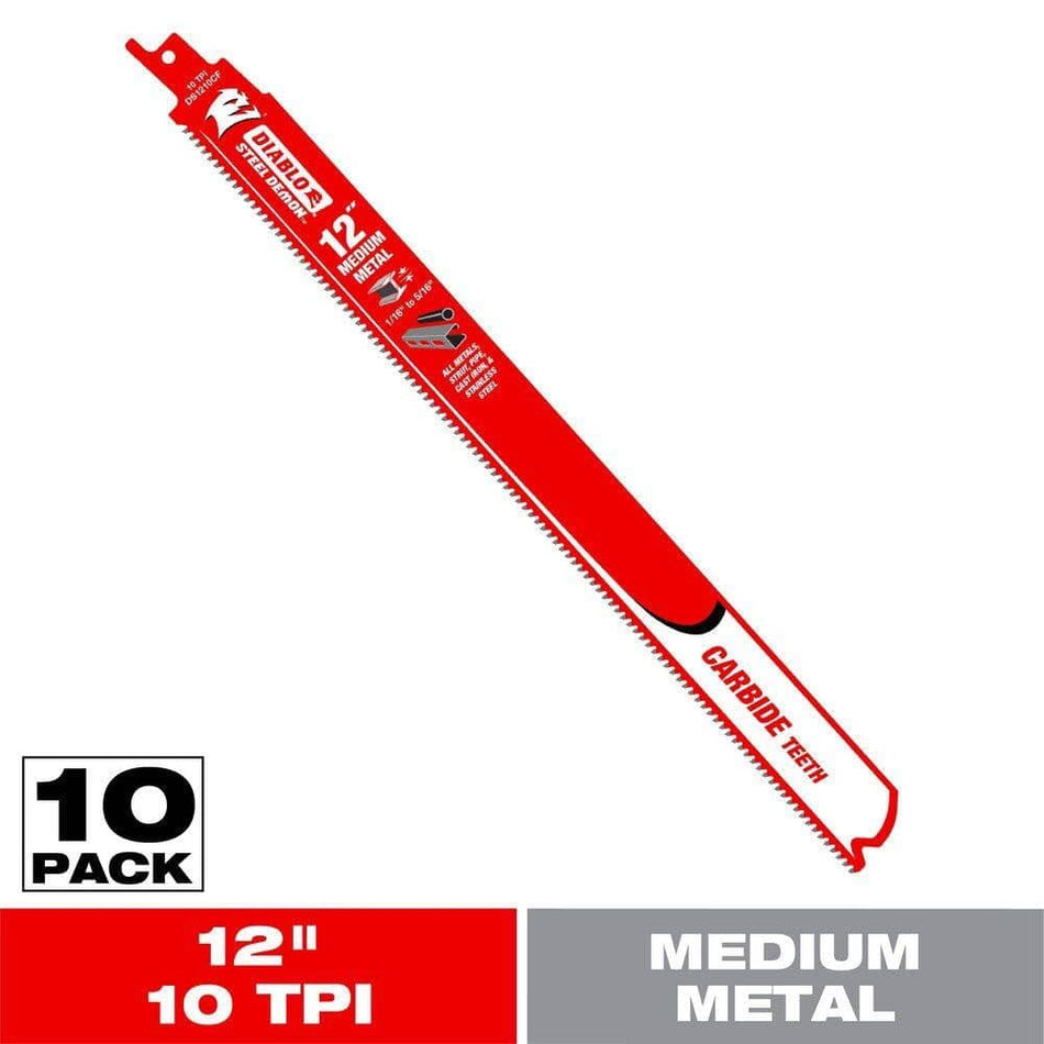 Studio view of the red 12 inch blade with graphics indicating a 10 pack quantity and medium metal application.