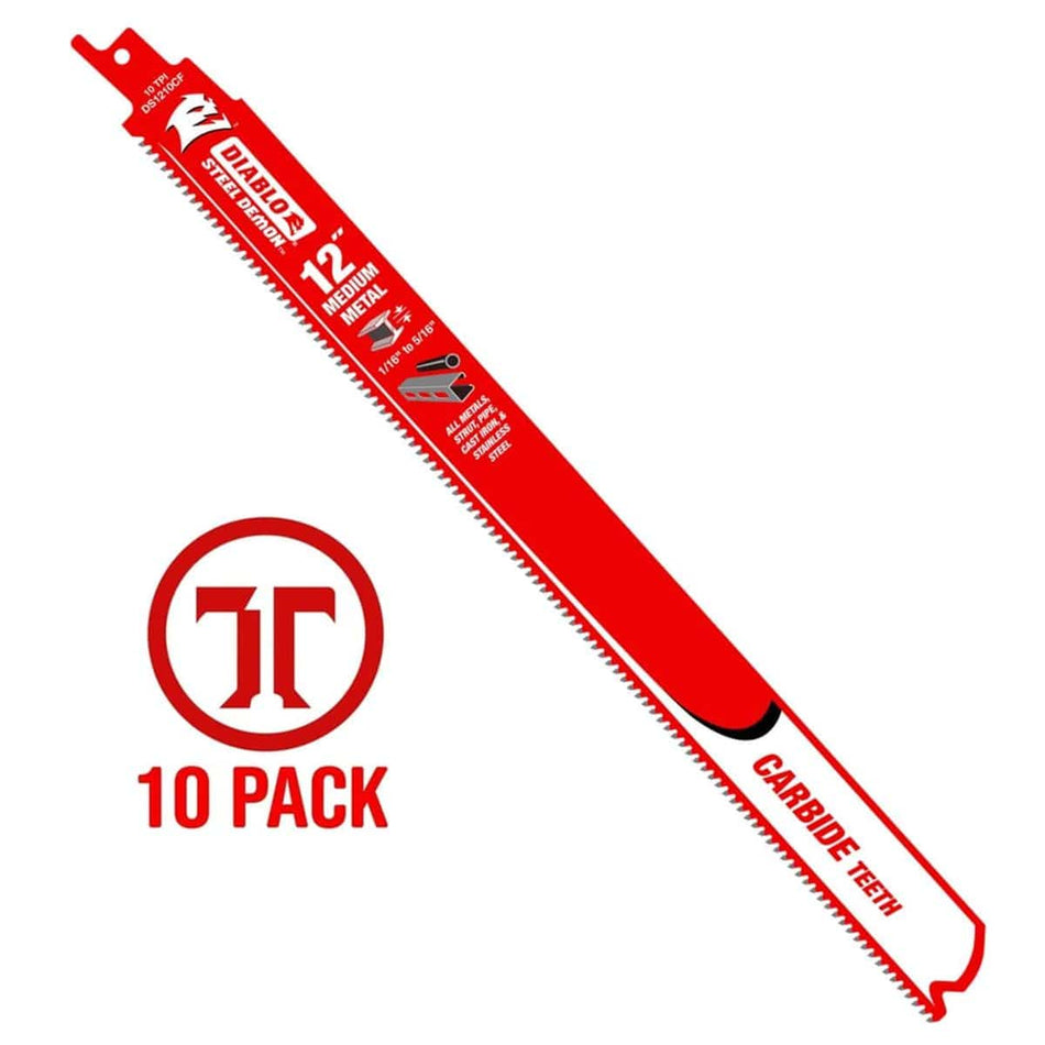Studio view of the red 12 inch blade with graphics indicating a 10 pack quantity and medium metal application.