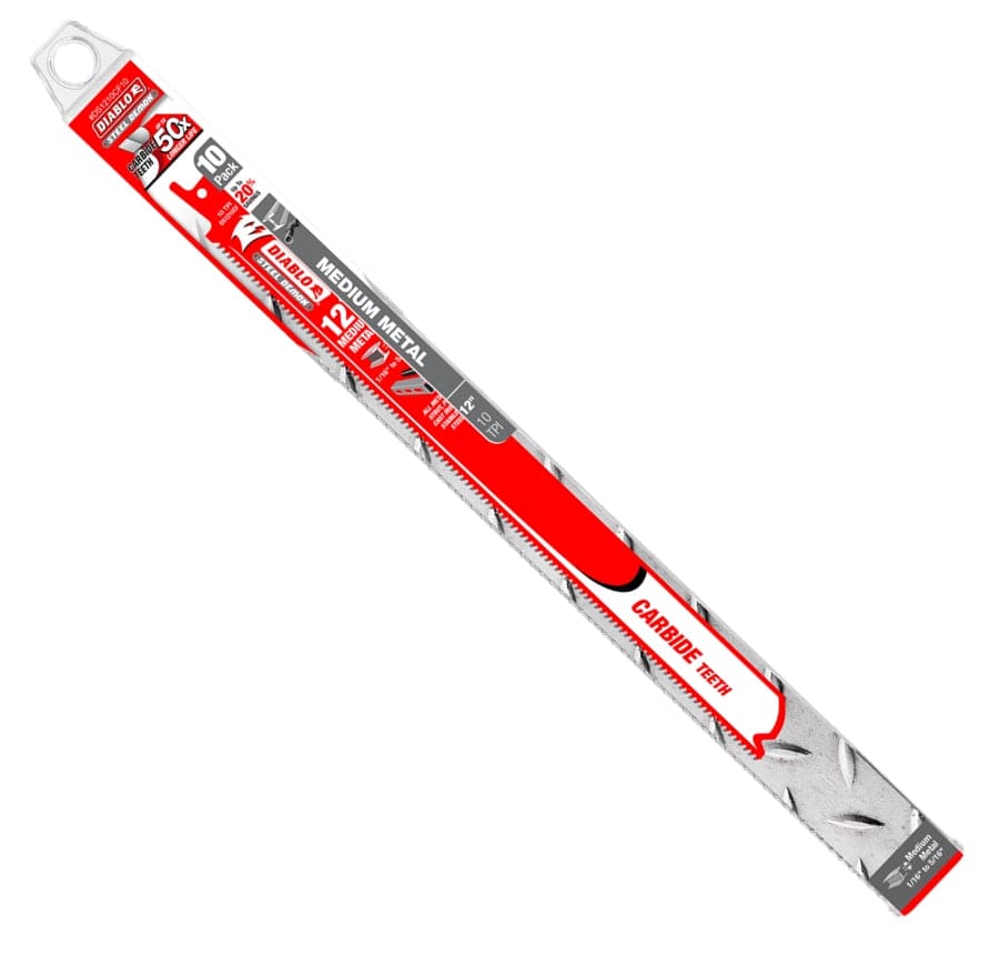 Studio view of the plastic packaging tube containing ten 12 inch Steel Demon blades.