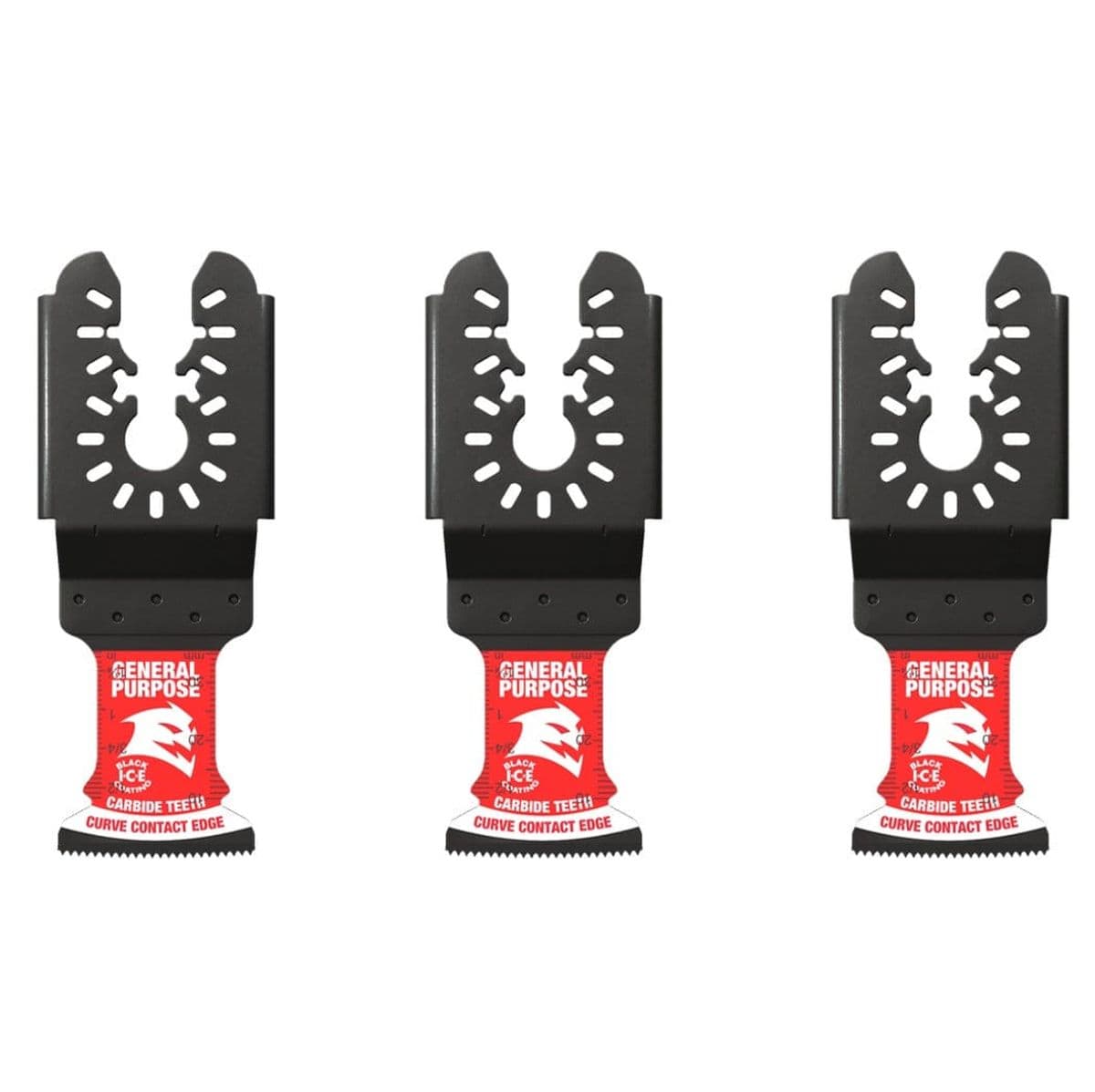 A studio arrangement of three identical Diablo carbide oscillating multi-tool blades, showcasing the universal fit interface and carbide teeth.