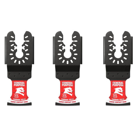 A studio arrangement of three identical Diablo carbide oscillating multi-tool blades, showcasing the universal fit interface and carbide teeth.