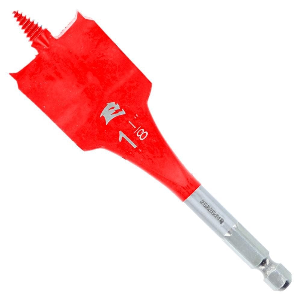 A studio photograph of the Diablo 1-1/8-inch x 4-inch SPEEDemon spade bit, showcasing the distinctive red-coated paddle head with size markings and the silver Impact Strong hex shank.