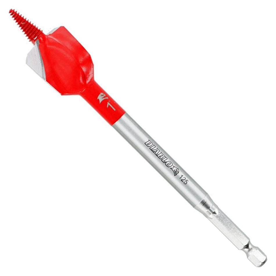 A professional studio photograph of the Diablo 1-inch by 6-inch Demo Demon spade bit, showing the red paddle head with the Demo-Edge cutting design and the silver Impact Strong hex shank.