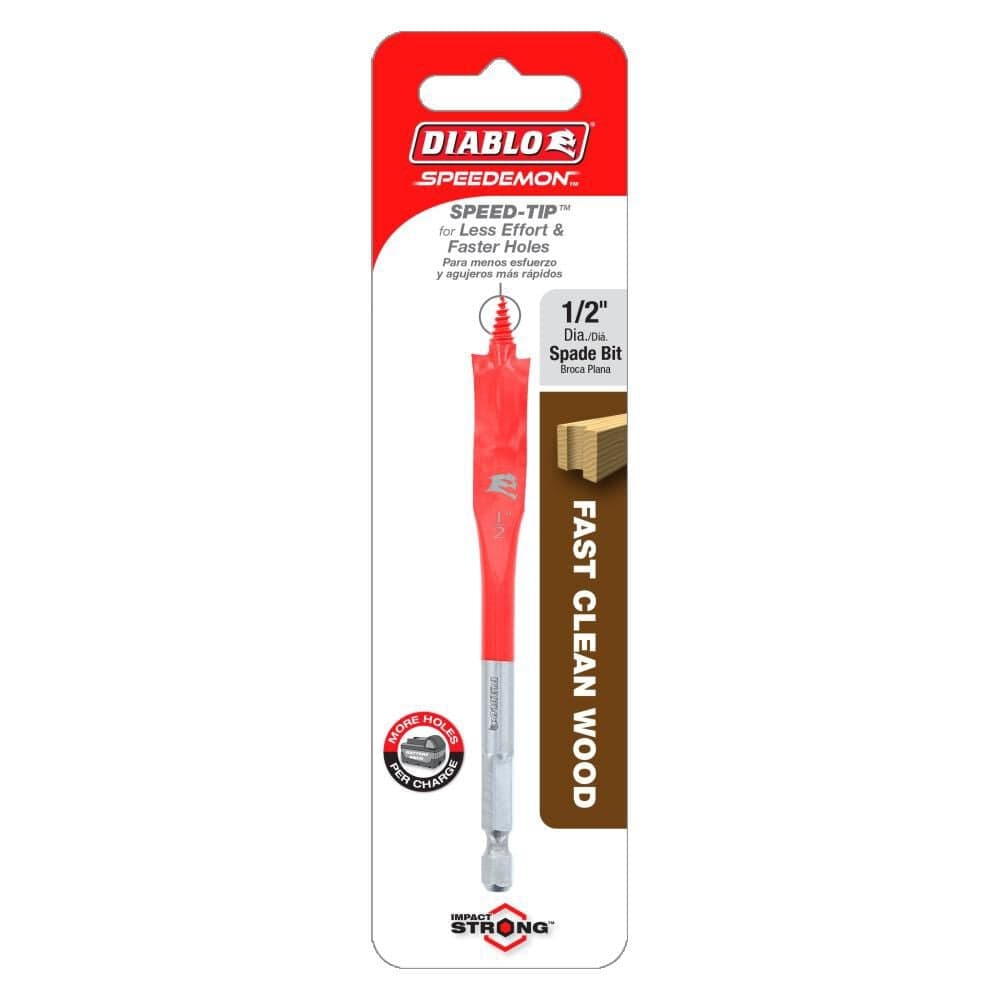 Retail card packaging for the single 1/2-inch Diablo SPEEDemon spade bit, calling out the SPEED-TIP for faster holes and its high performance in impact drivers.