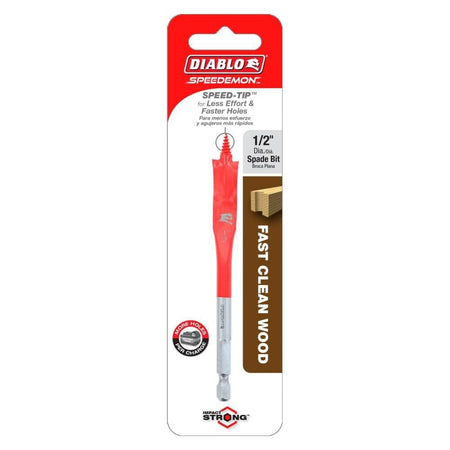 Retail card packaging for the single 1/2-inch Diablo SPEEDemon spade bit, calling out the SPEED-TIP for faster holes and its high performance in impact drivers.