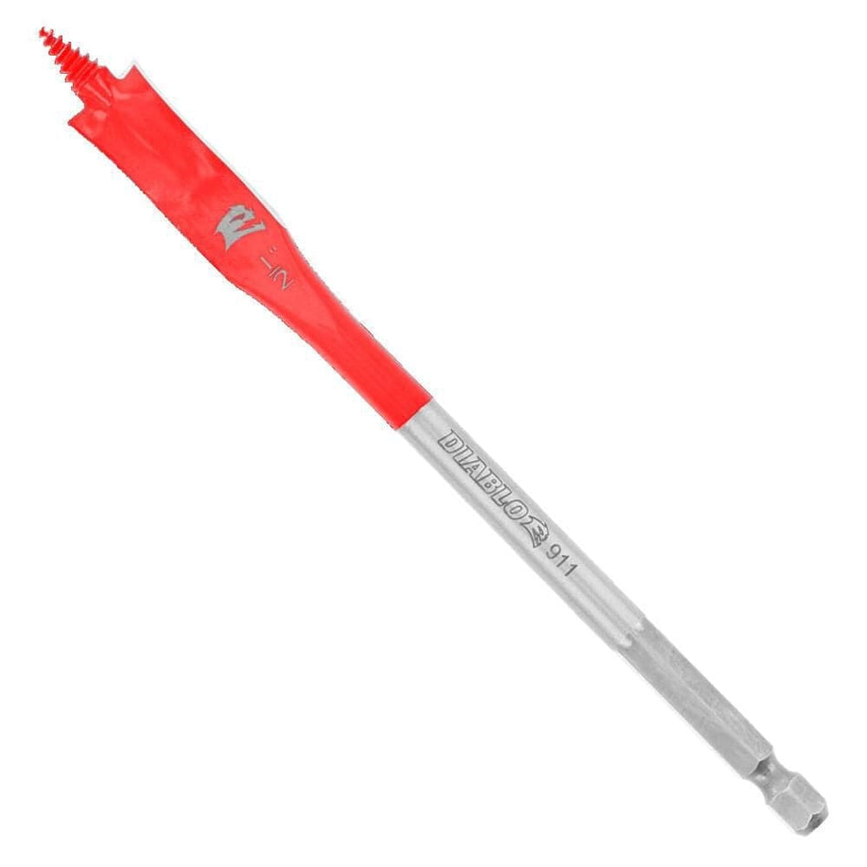 A studio photograph of the Diablo 1/2-inch x 6-inch SPEEDemon spade bit, showing the red-coated paddle head with 1/2-inch markings and the silver Impact Strong shank.