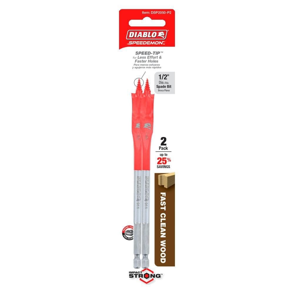 Retail packaging for the Diablo DSP2050-P2 2-pack of 1/2-inch spade bits, displaying two red bits and marketing callouts for up to 25 percent savings and fast, clean wood drilling.