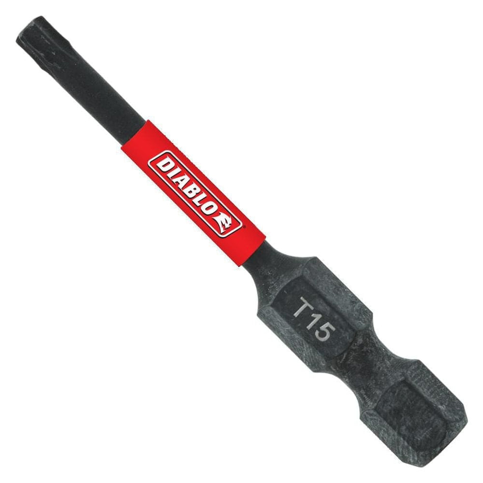 A close-up product shot of a single Diablo T15 Torx drive bit with a black finish, a signature red brand band featuring the Diablo logo, and a 1/4-inch hex shank with the T15 size laser-engraved for easy identification.
