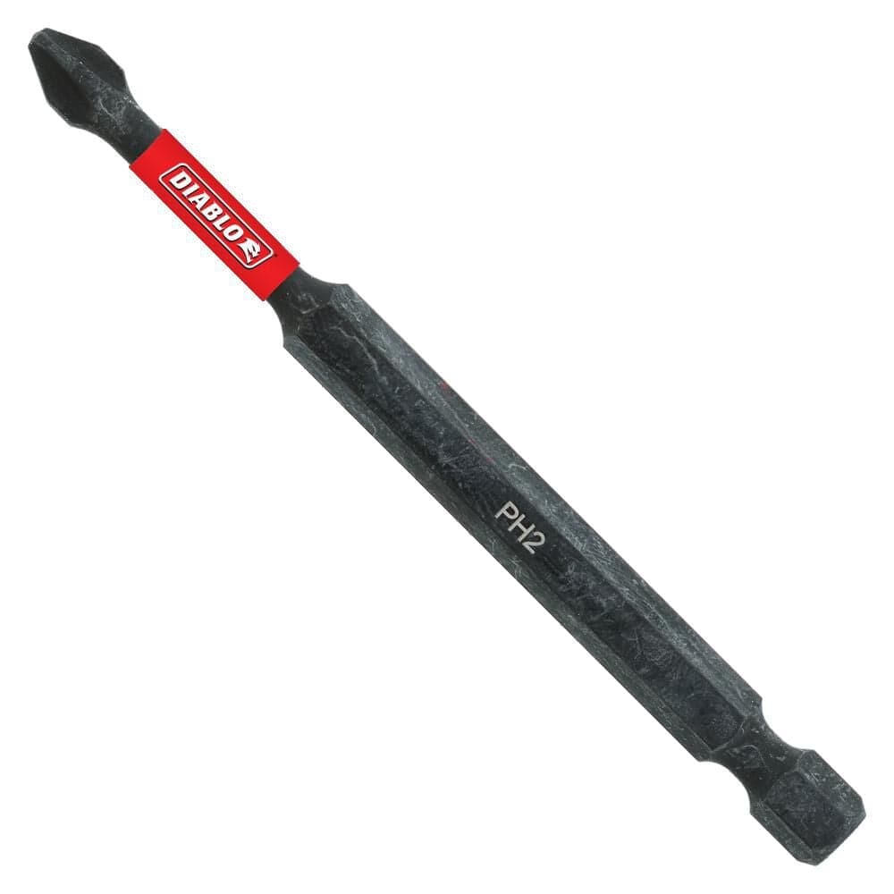 A high-resolution product shot of a single 3-1/2 inch black Diablo PH2 Phillips drive bit, highlighting the precision-milled tip, red brand band, and laser-etched PH2 size identifier on the hex shank.