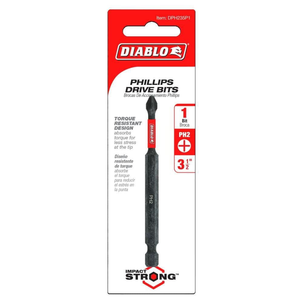 The retail hanging card packaging for a single Diablo PH2 Phillips drive bit, showcasing a 3-1/2 inch length, Torque Resistant Design, and Impact Strong durability rating.