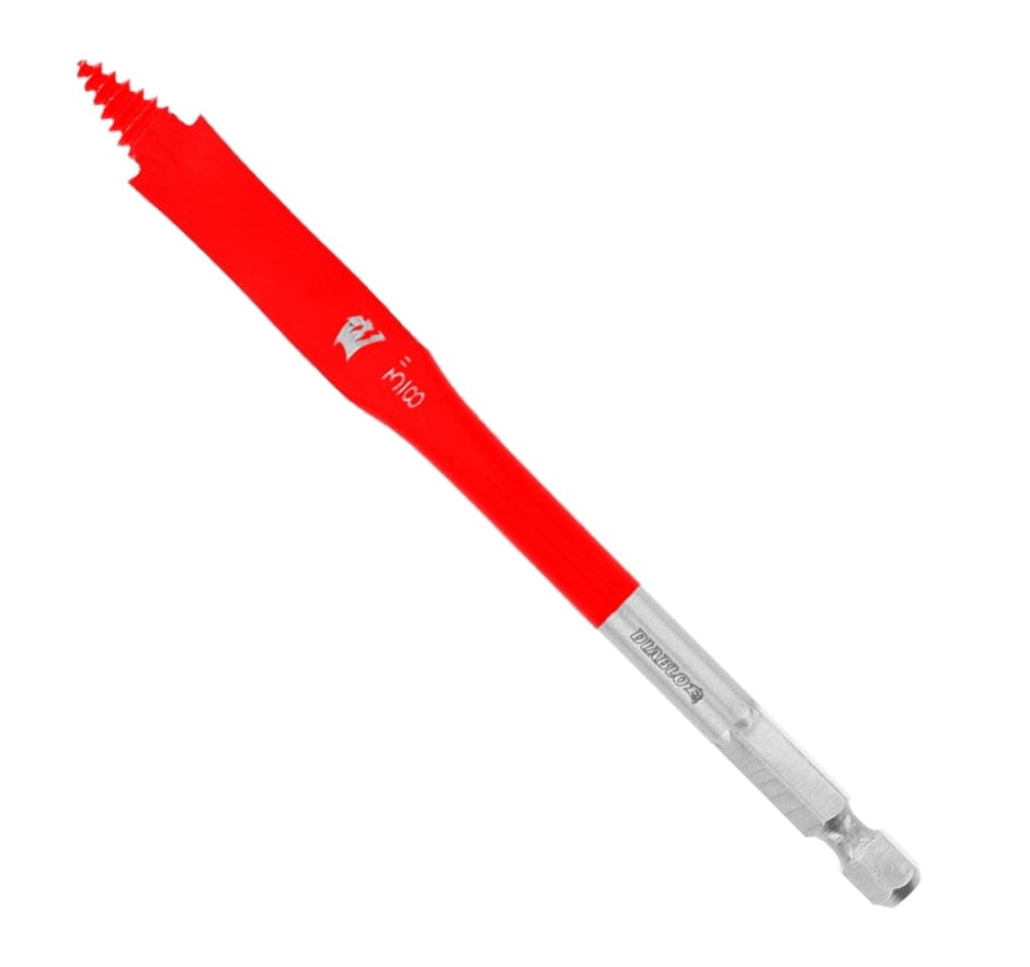 A studio photograph of the 3/8-inch Diablo SPEEDemon spade bit, featuring the distinctive red-coated paddle head and silver Impact Strong hex shank.