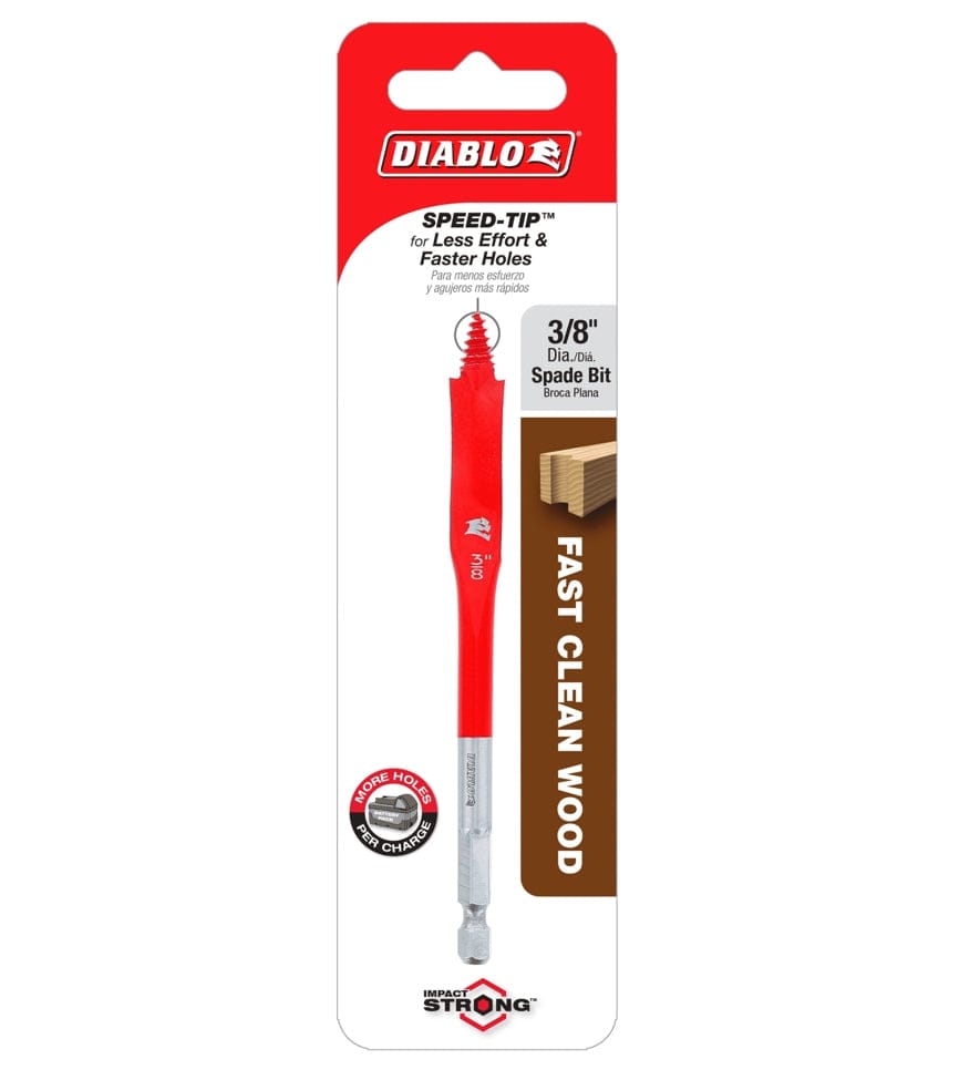 Retail packaging for the single 3/8-inch Diablo SPEEDemon spade bit, calling out the SPEED-TIP for less effort and faster holes in wood.