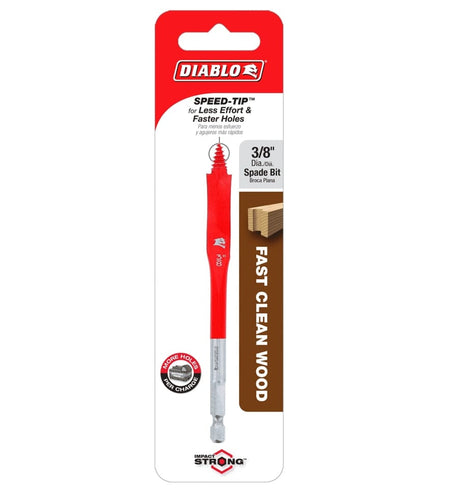 Retail packaging for the single 3/8-inch Diablo SPEEDemon spade bit, calling out the SPEED-TIP for less effort and faster holes in wood.