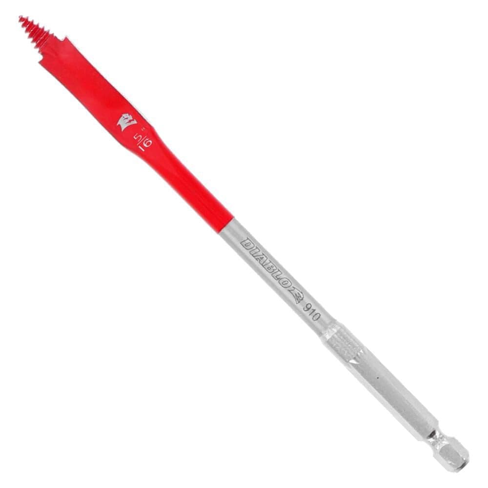 A full-length profile shot of the Diablo SPEEDemon bit showing the narrow red paddle head designed for smaller diameter holes and the integrated 1/4-inch hex shank compatible with impact drivers.