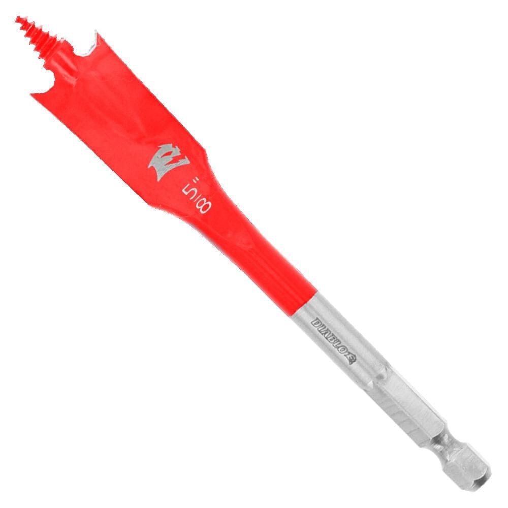 A professional studio photograph of the 5/8-inch Diablo SPEEDemon spade bit, featuring the red-coated head with size markings and silver impact-rated shank.