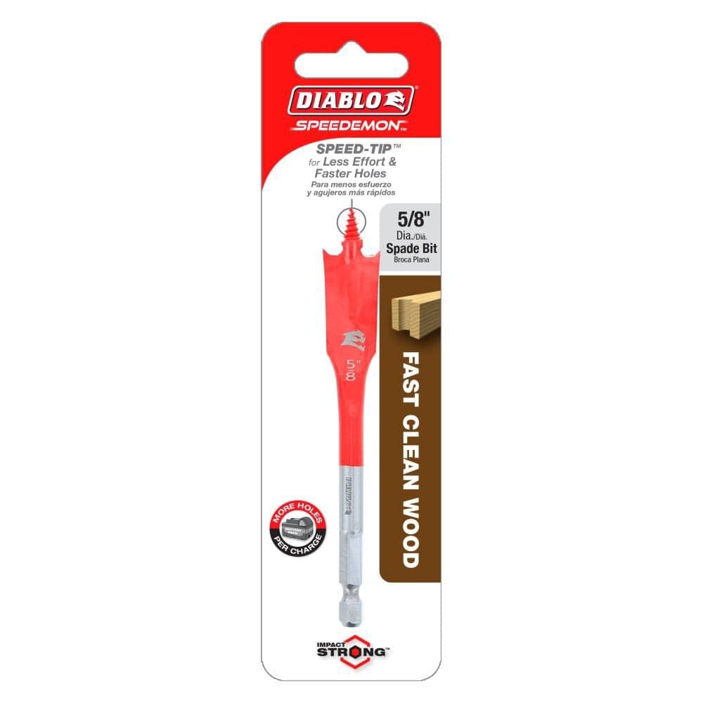 Retail card packaging for a single 5/8-inch Diablo SPEEDemon spade bit, calling out the Impact Strong hex shank and SPEED-TIP for less effort and faster holes.