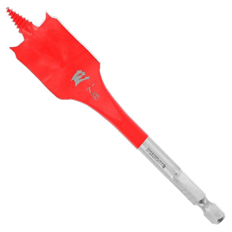 A professional product image of the 7/8-inch Diablo SPEEDemon spade bit, showing the red paddle head and silver Impact Strong shank.