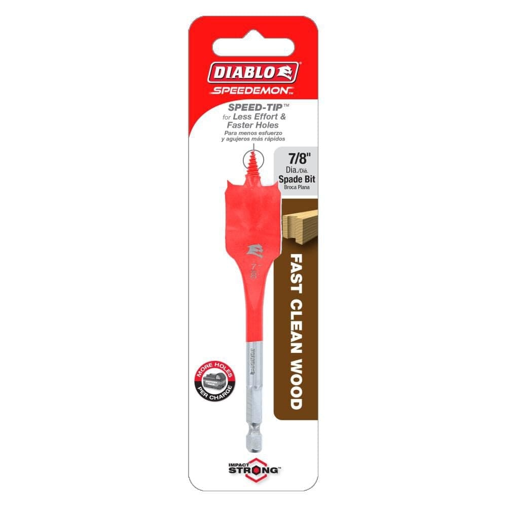 Retail card packaging for the 1-1/2-inch Diablo SPEEDemon spade bit, highlighting its fast, clean wood cutting performance.