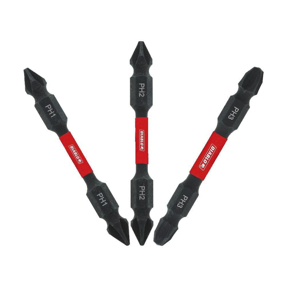 Three black 2-3/8 inch double-ended Diablo Phillips impact driver bits arranged in a fanned-out pattern, featuring PH1, PH2, and PH3 tips with signature red brand bands and laser-etched size markings.
