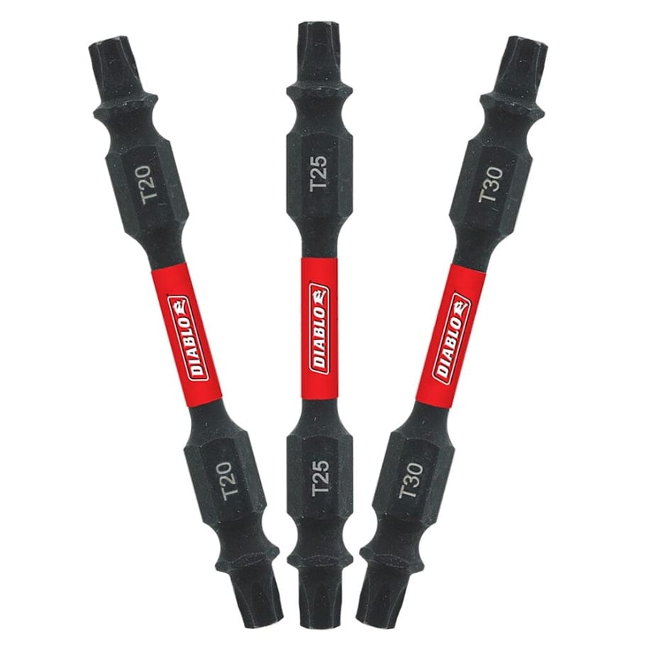 Three black 2-1/2 inch double-ended Diablo Torx impact driver bits arranged in a fanned-out pattern, each featuring a central red brand band and laser-etched T20, T25, and T30 size markings on their respective hex shanks.