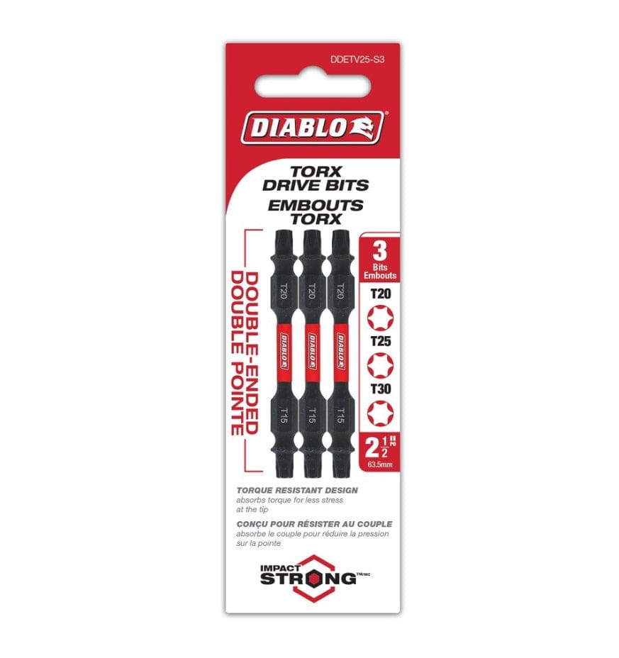 Retail hanging card packaging for a 3-pack of 2-1/2 inch Diablo double-ended Torx impact driver bits, highlighting the assorted T20, T25, and T30 sizes, the Torque Resistant Design, and the Impact Strong series durability rating.
