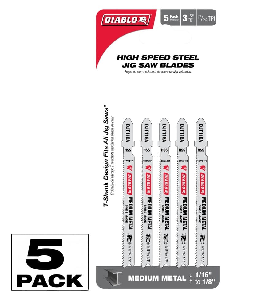 Retail packaging for a 5-pack of Diablo DJT118A high-speed steel jig saw blades, showing five 3-5/8 inch T-shank blades designed for cutting medium metal from 1/16 inch to 1/8 inch thick with a 17/24 TPI tooth design.