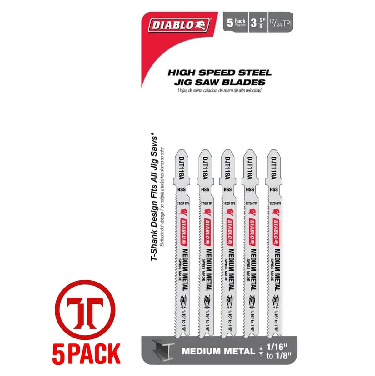 Retail packaging for a 5-pack of Diablo DJT118A high-speed steel jig saw blades, showing five 3-5/8 inch T-shank blades designed for cutting medium metal from 1/16 inch to 1/8 inch thick with a 17/24 TPI tooth design.