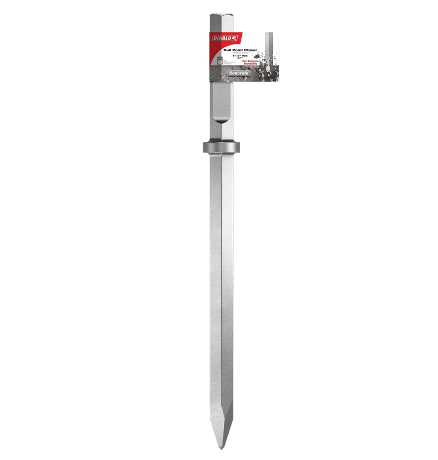 Side profile view of a Diablo 20-inch bull point chisel with a 1-1/8 inch hex shank, featuring a retail tag and engineered for extreme durability in demolition work with high-powered rotary hammers.