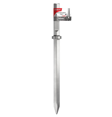 Side profile view of a Diablo 20-inch bull point chisel with a 1-1/8 inch hex shank, featuring a retail tag and engineered for extreme durability in demolition work with high-powered rotary hammers.