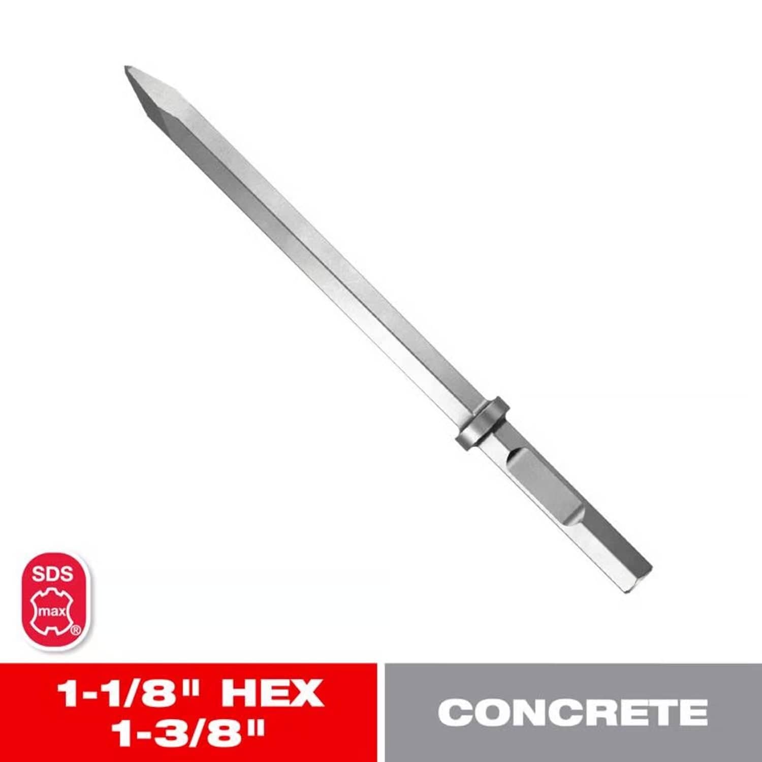 A Diablo Tools 1-1/8 inch hex bull point chisel displayed with an SDS-max compatibility logo, showcasing the reinforced steel body optimized for maximum performance in high-powered demolition drills.
