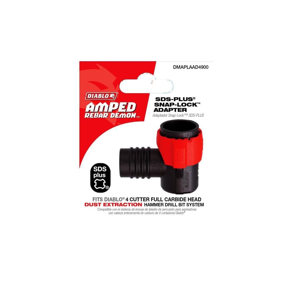 Retail hanging card packaging for the Diablo SDS-Plus Snap-Lock Adapter, featuring red and white branding, a product image, and callouts for the 4-cutter full carbide head dust extraction system.