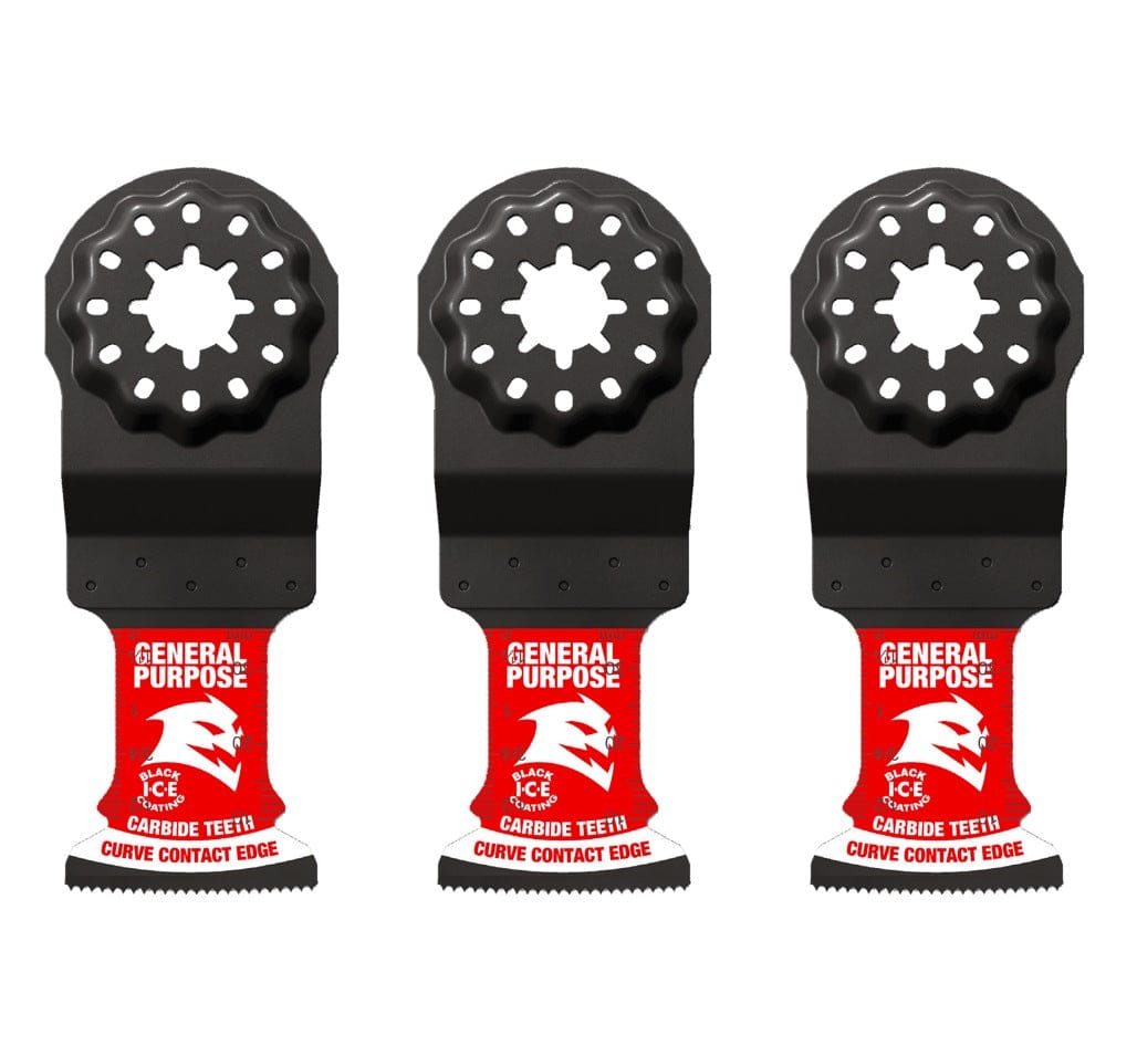 A studio arrangement of three identical Diablo Starlock carbide teeth oscillating multi-tool blades, displaying the interface and red General Purpose branding.