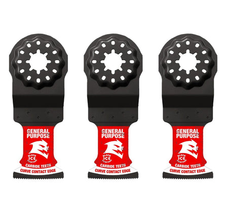 A studio arrangement of three identical Diablo Starlock carbide teeth oscillating multi-tool blades, displaying the interface and red General Purpose branding.
