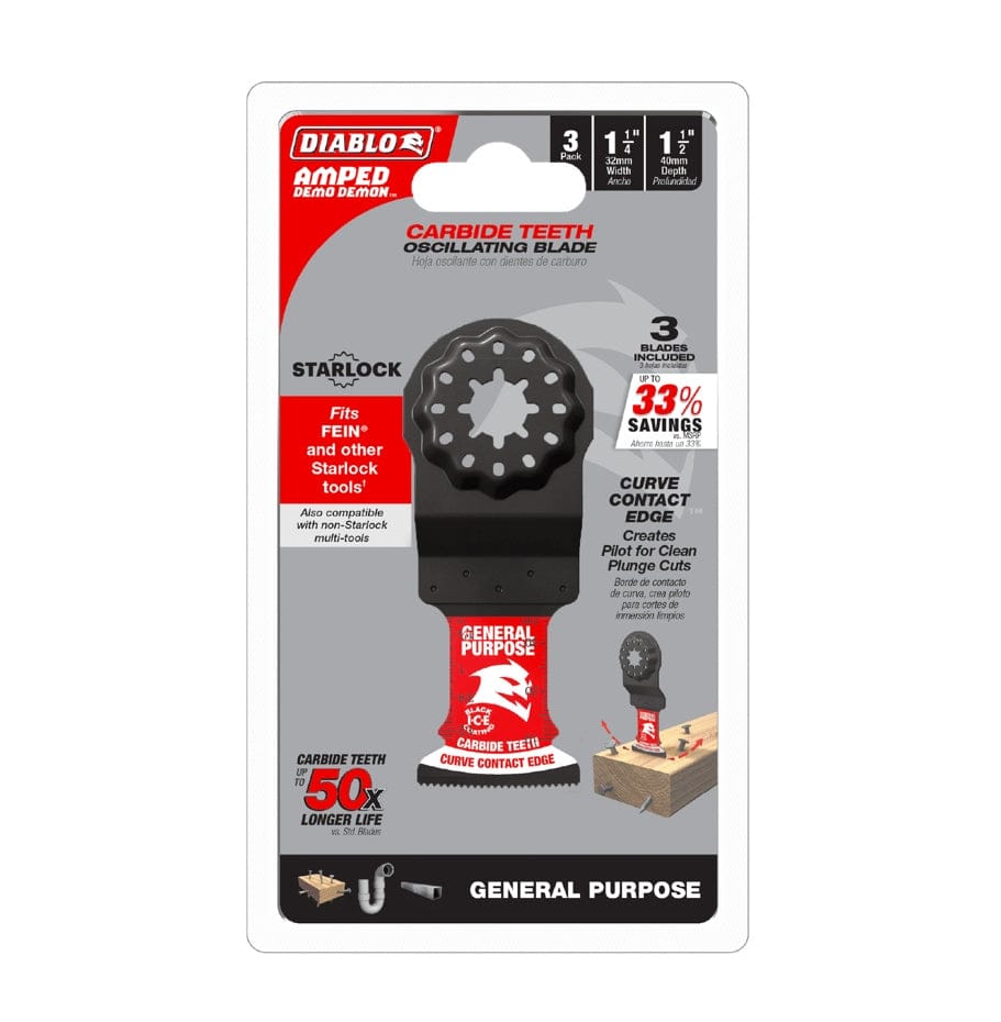 The front of the retail packaging for the Diablo 3-pack Starlock carbide oscillating blades, highlighting 50 times longer life and a 33 percent savings value.