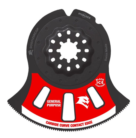 A studio product image of the Diablo Starlock carbide oscillating blade, showcasing the wide 3-1/8-inch cutting edge, Black I.C.E. coating, and red General Purpose markings.