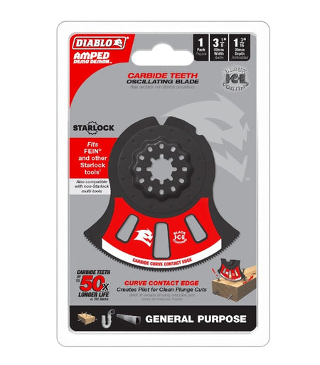 Retail card packaging for the Diablo 3-1/8-inch AMPED Demo Demon carbide teeth oscillating blade, highlighting the Starlock interface, 50 times longer life, and General Purpose applications.