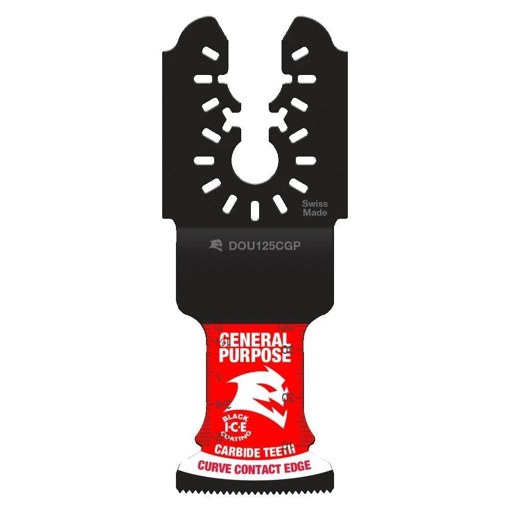 A professional product image of the Diablo 1-1/4-inch carbide oscillating multi-tool blade, featuring the Black I.C.E. coating, red General Purpose branding, and Curve Contact Edge.