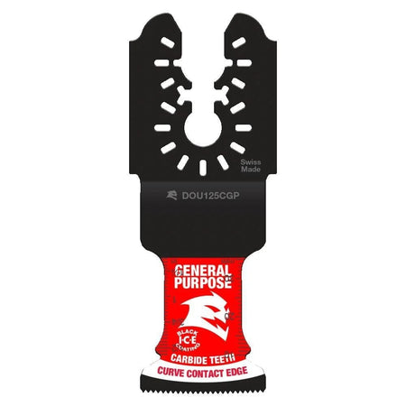 A professional product image of the Diablo 1-1/4-inch carbide oscillating multi-tool blade, featuring the Black I.C.E. coating, red General Purpose branding, and Curve Contact Edge.