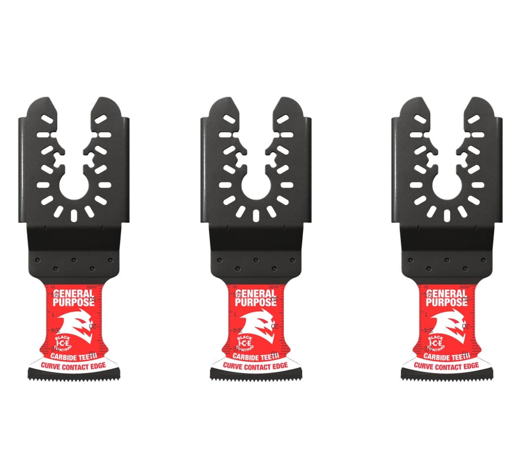 A studio arrangement of three identical Diablo carbide oscillating multi-tool blades, showcasing the universal fit interface and carbide teeth.