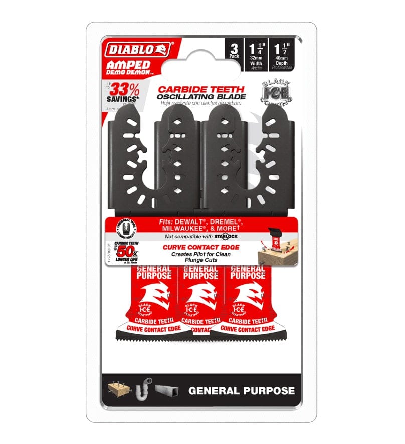 The front of the retail packaging for the Diablo 3-pack carbide oscillating blades, highlighting 50X longer life, 33 percent savings, and compatibility with major tool brands.