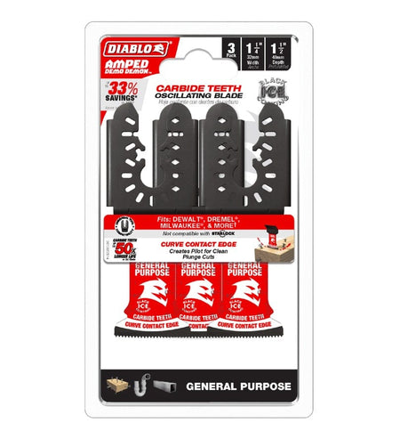 The front of the retail packaging for the Diablo 3-pack carbide oscillating blades, highlighting 50X longer life, 33 percent savings, and compatibility with major tool brands.